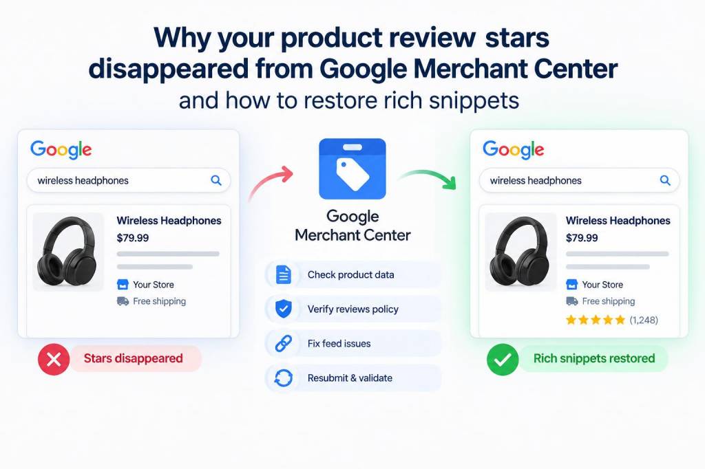 Why your product review stars disappeared from google merchant center and how to restore rich snippets