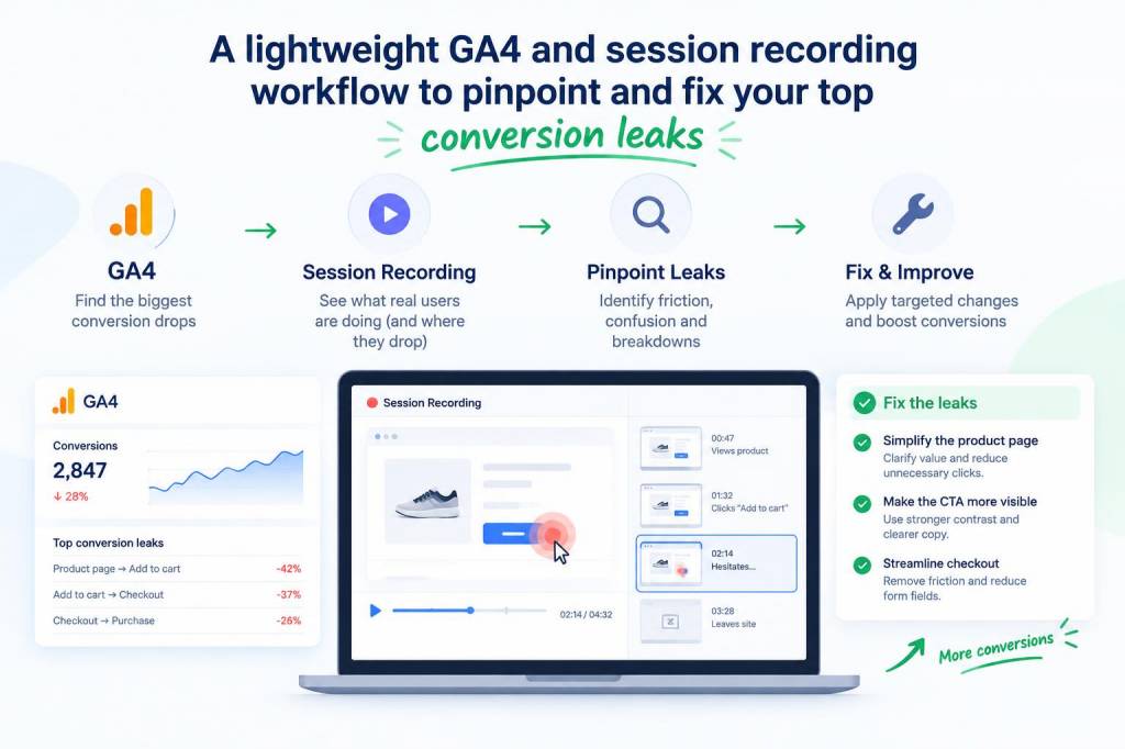 A lightweight ga4 and session recording workflow to pinpoint and fix your top conversion leaks